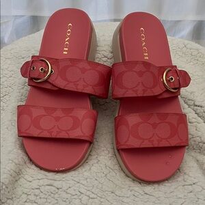 Coach Women's Coral Red Double-Strap Slide Sandals with Gold Buckles